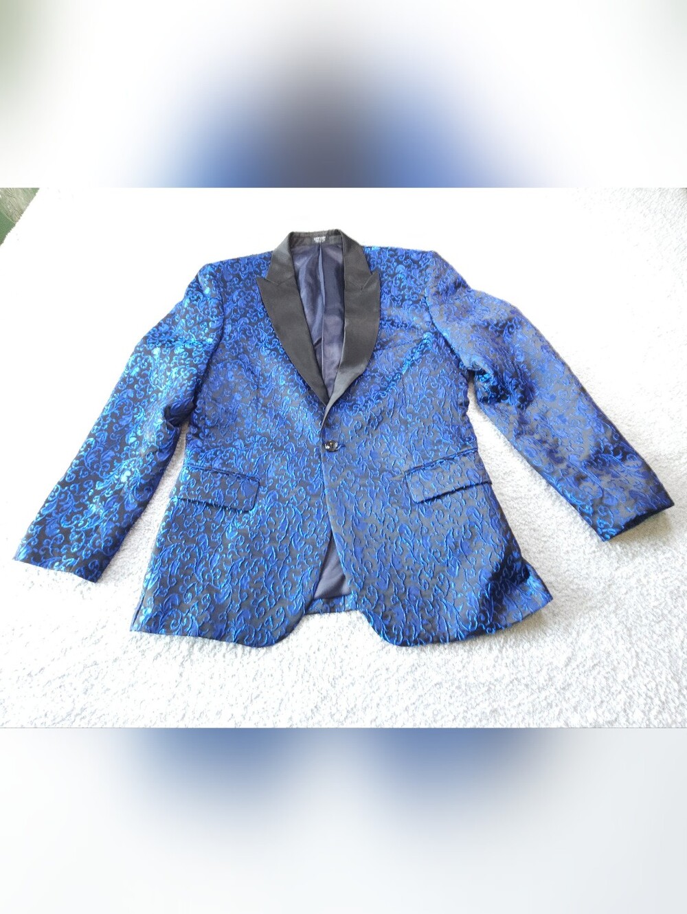 Royal Blue Floral Jacquard Tuxedo Jacket with Black Satin Lapel
